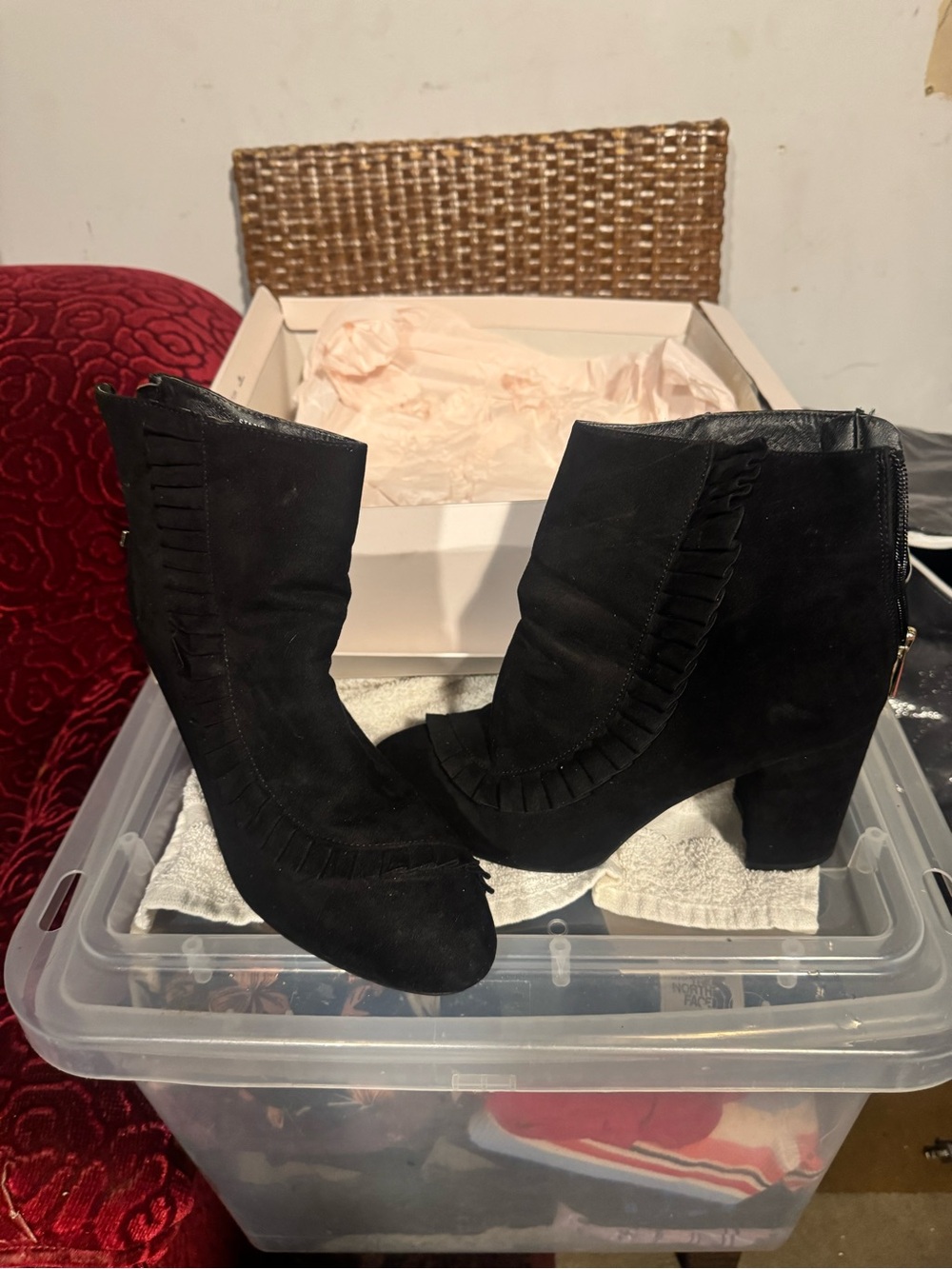 JustFab Black Suede Ruffle Ankle Booties with Block Heel